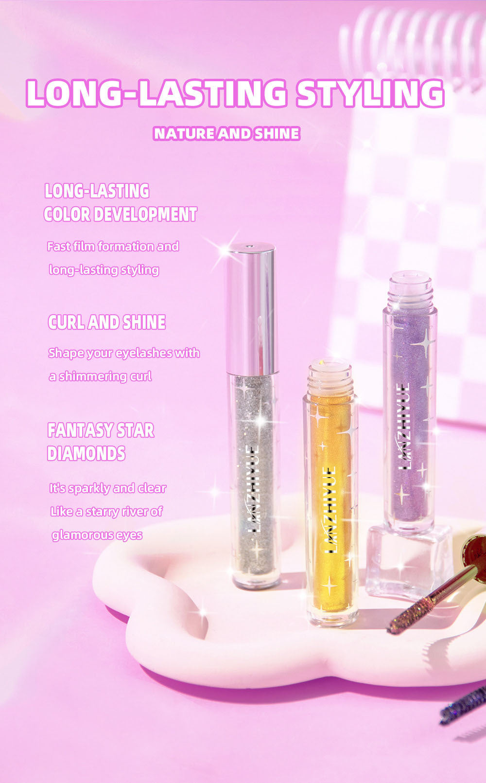 Waterproof Diamond Shine Volume Curl Mascara - Glitter Snow Effect, Smudge-Proof Eye Makeup for All Skin Types Women'S Cosmetics