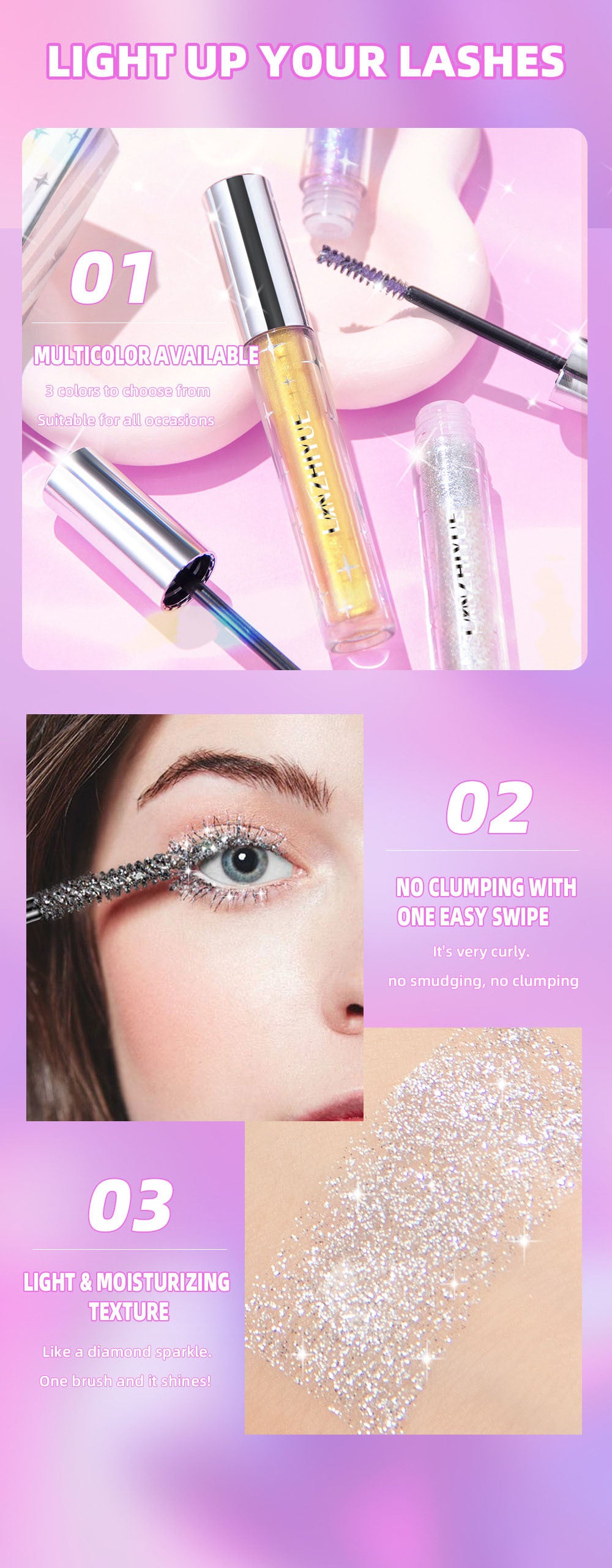 Waterproof Diamond Shine Volume Curl Mascara - Glitter Snow Effect, Smudge-Proof Eye Makeup for All Skin Types Women'S Cosmetics
