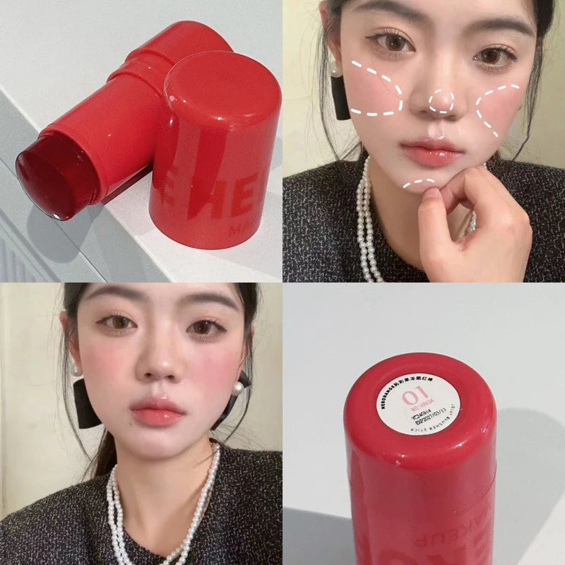 Strawberry Jelly Blush Stick Brighten Cheek Rouge Dual Use of Lips and Cheeks Blusher Waterproof Lasting Red Tint Cheek Color